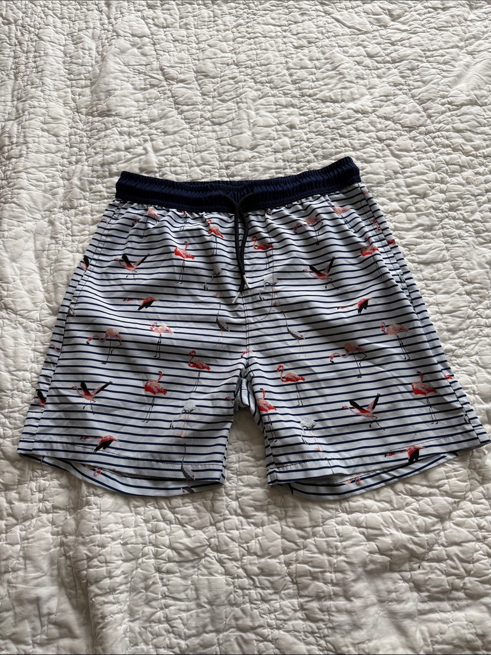 Striped Navy Swim Trunks with Pink Flamingo Print